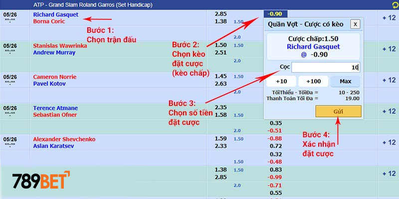 Quy trình cá cược tennis 4 bước tại nhà cái 789bet